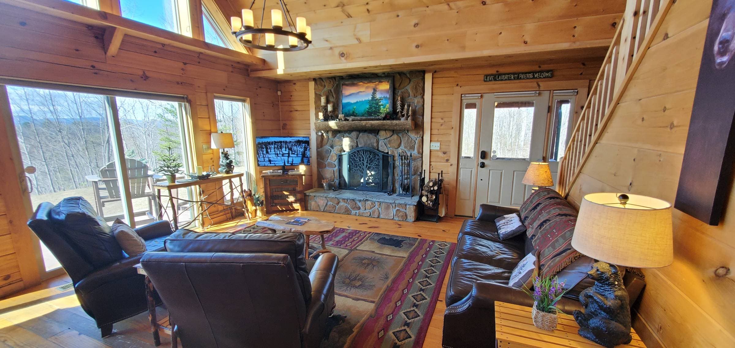 luxe leather furniture, wood burning fireplace, Blue Ridge MTN views year round